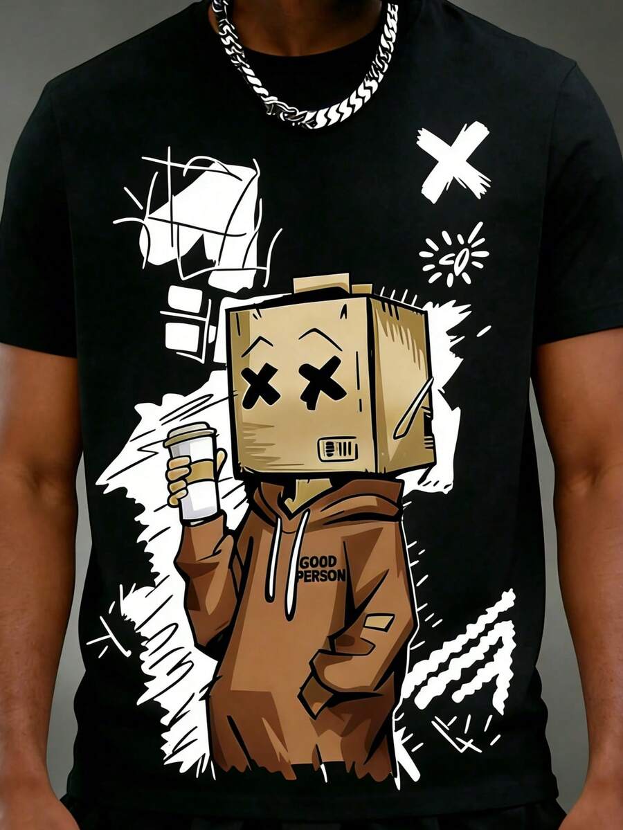 Camiseta de manga corta casual para hombre con estampado de dibujos animados, verano - Negro - Ver 1