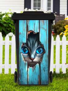 3D Blue Cat, Landscape Pattern Trash Can Sticker, Waterproof PVC Outdoor Trash Can Poster, Removable Sticker, 4 Size Options