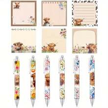 1/6 Set Cute Highland Cow Stationery Set, Includes 1/6 Notepad And 1/6 Cat Ballpoint Pen, Suitable As A Gift For Highland Cow Lovers, Office And Study Supplies, Family, Friends And Colleagues - Multicolor - View 2