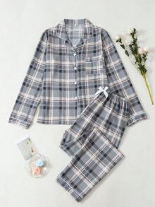格子印花女士泡泡褶皱长袖睡衣套装 - 灰色 - 查看 1