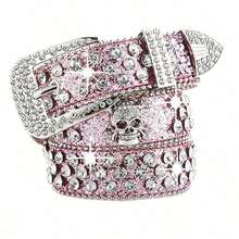 1pc Y2K Glitter Rhinestone Skull Metallic Studded Belt, Fashion Casual Party Waist Belt For Women, Suitable For Daily Use And Holidays Summer, School Fall, Autumn, Halloween - Hồng - Xem 8