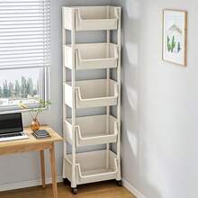 1pc White Mobile Storage Cart, Plastic Utility Organizer Rack On Wheels, Adjustable Shelving Units, Space Saving For Living Room, Bedroom, Dorm, Office - Easy Assembly, Sturdy Construction, Compact Design, Freestanding, Tilted Shelves, Multipurpose
