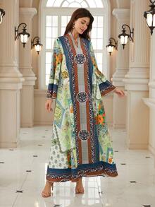 优雅女士V领长袖波西米亚印花连衣裙，采用柔软面料制成，展现充满活力的波西米亚风格 - BX11 - 查看 4