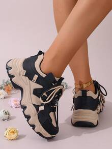 Women's Patchwork Casual Platform Sneakers, Wedge Heel Chunky Sneakers - 黑色 - 查看 5