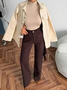 High Waist Plain Casual Comfortable Denim Pocket Zipper Button Jeans - Ginger - View 3