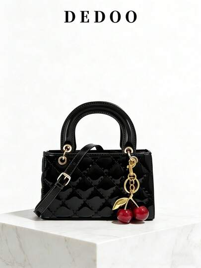 1pc PU Leather Handbag, Burgundy, Multi-Function Quilted Patent Leather Tote Bag, Structured Mini Wallet, Fashion Geometric Pattern Shoulder Crossbody Bag