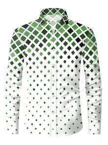 Men's Bohemian Style Long Sleeve Casual Shirt - Green & White Geometric Pattern, Polyester Fabric, Button Collar, Machine Washable, Suitable For Spring & Autumn - Green - View 6