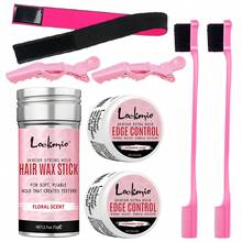 LOCKMIO Women's Hair Wax, Natural Styling Wax Stick, Smooth Styling Wax, Hairline & Edge Control Gel And Styling Accessories - L-75g-wax-30g-gel-pink-8pcs - View 1