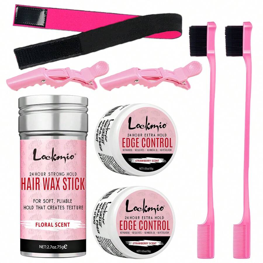 LOCKMIO Women's Hair Wax, Natural Styling Wax Stick, Smooth Styling Wax, Hairline & Edge Control Gel And Styling Accessories - L-75g-wax-30g-gel-pink-8pcs - View 1