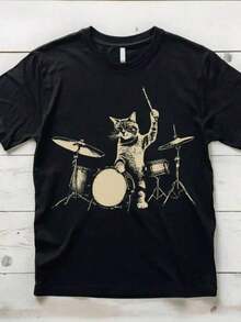 Camiseta Gato Baterista Rock Unissex Masculino Feminino 100% Algodão Top Premium Streetwear Lançamento Envio Imediato Varias Cores!! Plus Size - Preto - Visão 2