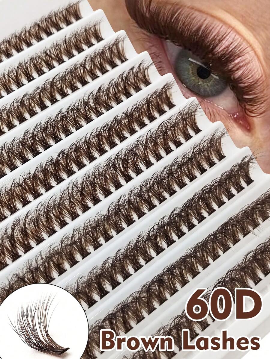 200pcs D-Curl Brown False Eyelashes, Natural Soft & Fluffy, Faux Mink Material, Suitable For Daily, Party, Valentine's Day Makeup, DIY At Home, Reusable - D - 查看 1