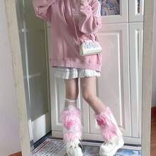 1 Pair Cute Sweet Girl Pink Fuzzy Leg Warmers Female Student Heart Bow Subculture Hot Girl Y2K Sock Warmers - 粉色 - 查看 2