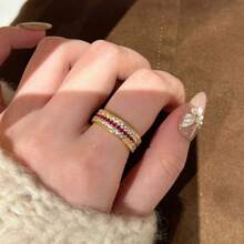 1pc Vintage Heavy Craft High-End Exquisite Fashion Light Luxury Ruby Row Ring For Women - 金色 - 查看 2