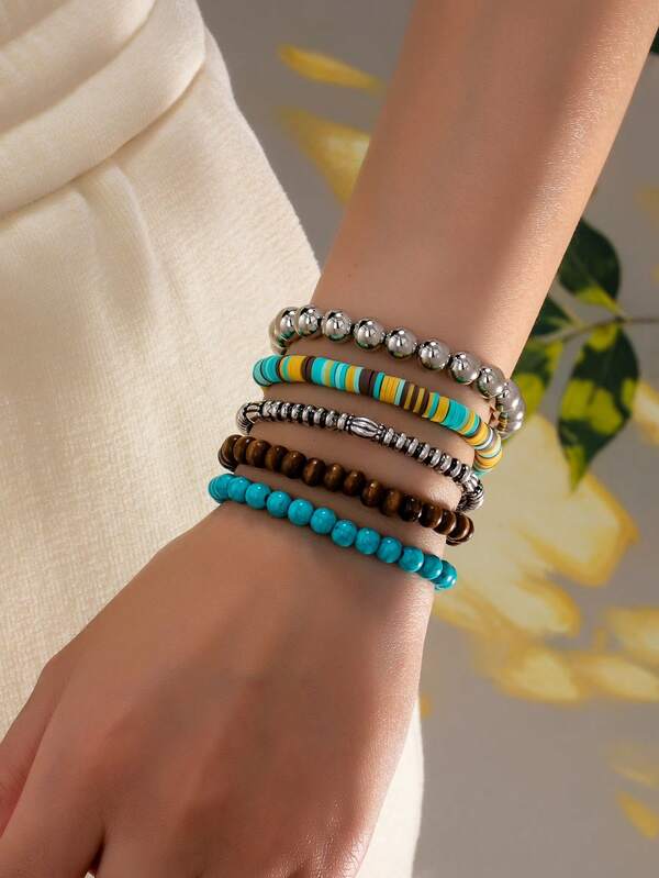 Set de 5 piezas de pulseras bohemias casuales de turquesa, adecuadas para uso al aire libre, viajes y vacaciones de mujeres