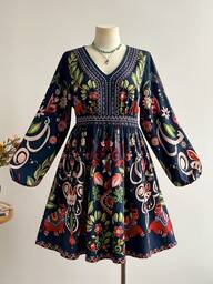 Rusttydustty Plus Size Women's Vacation & Everyday Bohemian Indigo Floral Print Long Sleeve Waist Cinched Dress, Suitable For Valentine's Day, New Year Holidays