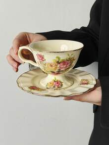 1 Set (1 Cup + 1 Saucer) Nordic Style English Ceramic Rose Coffee Cup & Saucer Set, Hollow Heart Saucer, American Latte Coffee Cup & Saucer, High-End Classical Palace Style Afternoon Tea Cup, Office/Home Tea Cup Set, Breakfast Milk Mug, Valentine's Day/Birthday Gift, Party Supplies, Gift For Boyfriend/Girlfriend - Multicolor - View 7