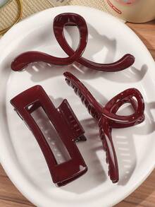 3件套酒红色交叉波浪方形超大号发爪夹，沙滩度假风发饰，适用于刘海和碎发，秋冬季女士发夹，休闲发饰，优雅发夹 - 3件套-酒紅 - 查看 2