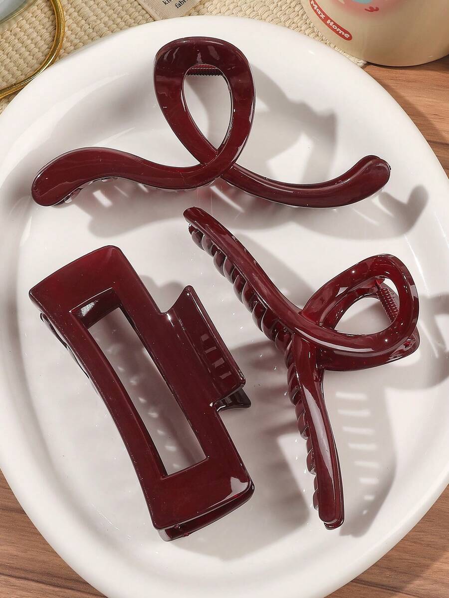 3件套酒红色交叉波浪方形超大号发爪夹，沙滩度假风发饰，适用于刘海和碎发，秋冬季女士发夹，休闲发饰，优雅发夹