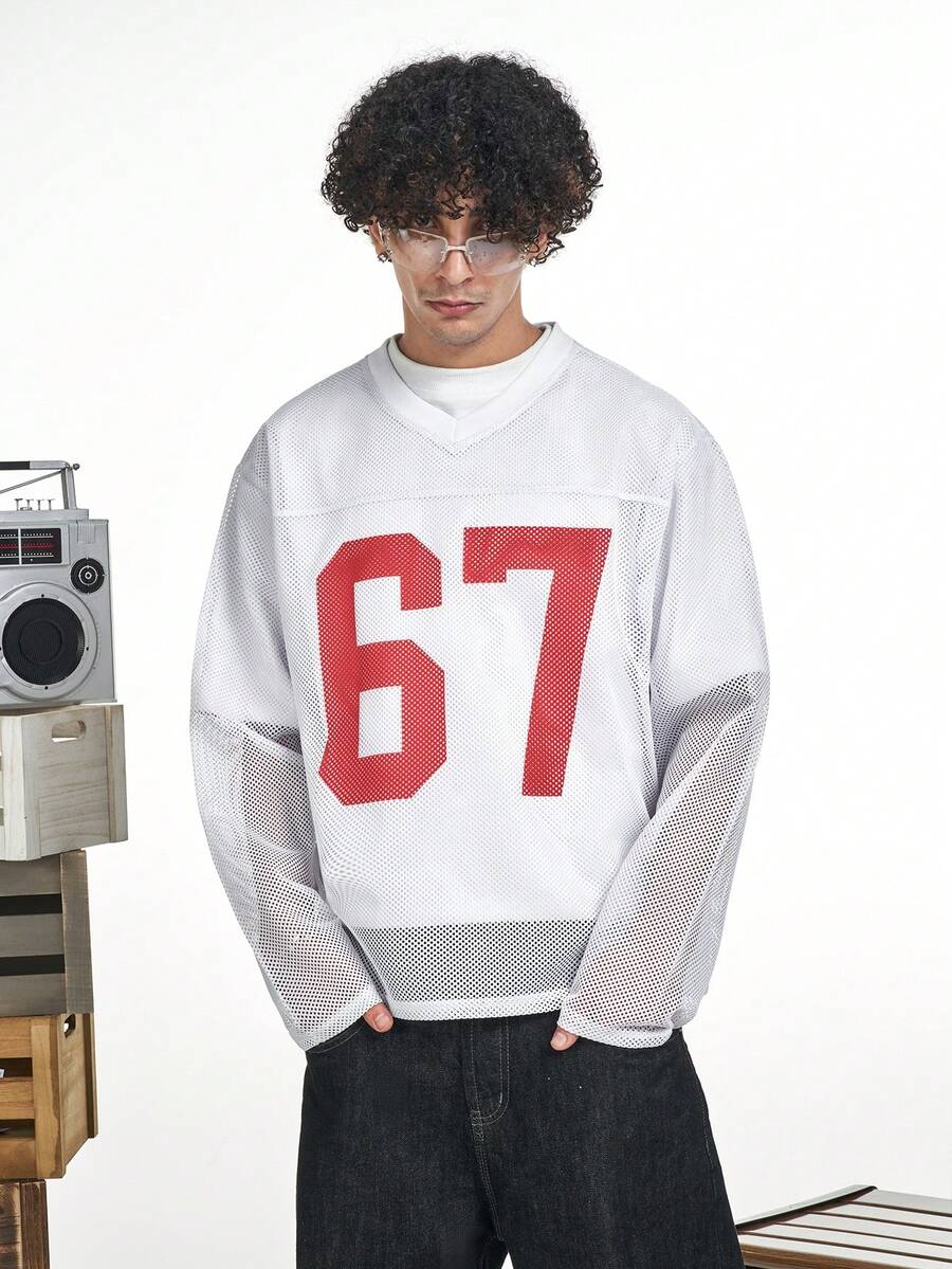 MT99 叠层印花运动衫，V领，透气网眼长袖，街头休闲时尚 - 白色 - 查看 1