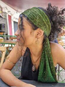 1pc New Headscarf Salon, European & American Style Sequin Cross Border Headscarf, Autumn Silk Scarf Shawl, Suitable For Pairing With Dresses - Dark Green - View 2