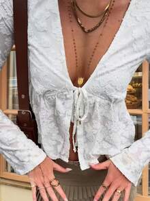 Women's White Lace Tie Front Top | Long Sleeve Flared Cuff V Neck Peplum Top For Street & Brunch - White - View 5