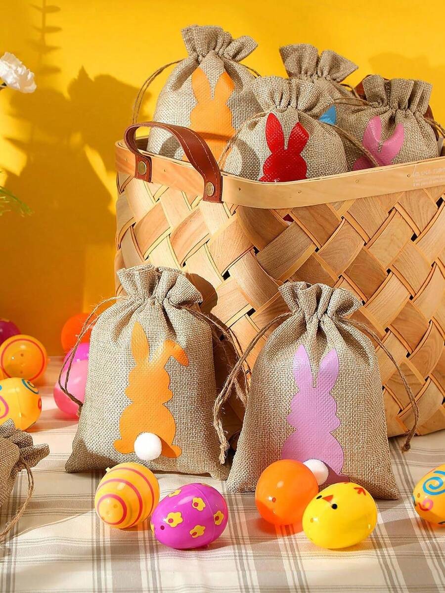 6pcs-Easter Yellow Jute Bags, Rabbit Patterned Jute Gift Bags With Drawstring, 5 X 7 Inches, Easter Jute Gift Bags With Furry Tails, Treasure Hunt Bags, Party Gift Bags, Jute Rope Easter Party Gift Bags - Multicolor - View 1