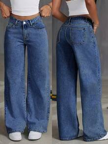 Women's Large-Sized High-Waisted Stretch Blue Distressed Wide-Leg Jeans With Slanted Pockets, Zipped Closure, Distressed Pure Color Wide-Leg, Slimming Effect, Retro Casual And Comfortable Style, Fashionable And Versatile For All Occasions. - Màu xanh trung bình - Xem 10
