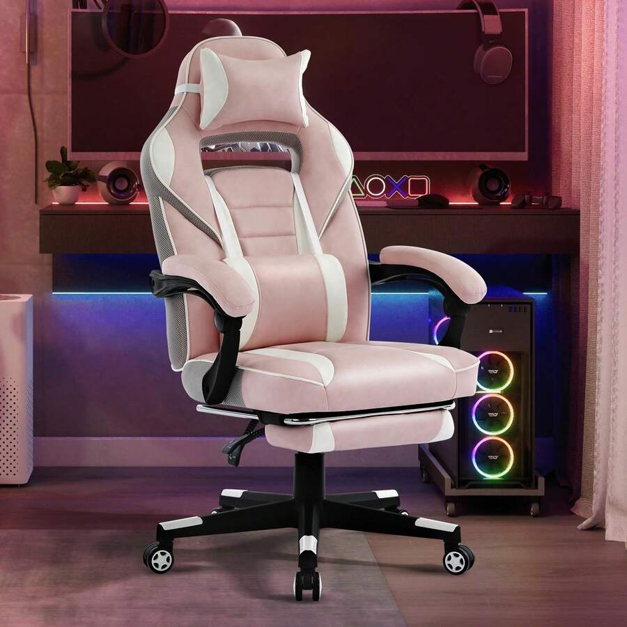Silla ergonómica para juegos con soporte lumbar de masaje, reposapiés retráctil y reposacabezas ajustable, respaldo alto estilo carreras para adultos, rosa y blanco. - blanco rosado - Ver 1
