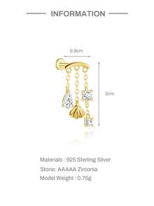 EleRunis 1PC 925 Sterling Silver Asymmetric Tassel Flat Back Cartilage Helix Piercing Fine Jewelry For Daily Wear Wedding Party Engagement Anniversary Valentine's Day - Gold - View 15