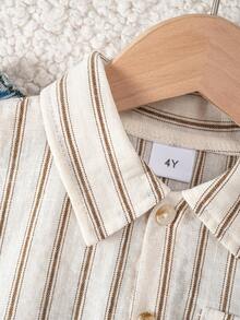 男童休闲条纹短袖宽松衬衫，适合日常穿着、上学、聚会、度假、社交、街头穿搭，春夏皆宜。 - 卡其色 - 查看 3
