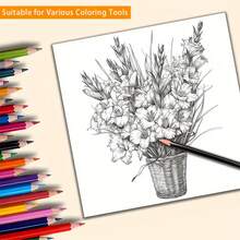 Flowers And Basket Coloring Book For Adults, 20x20cm Square Floral Painting Book, Stress Relief & Anxiety Relaxing Basket Bouquet Grayscale Coloring Pages For Beginners Art Supplies - Multicolor - View 4