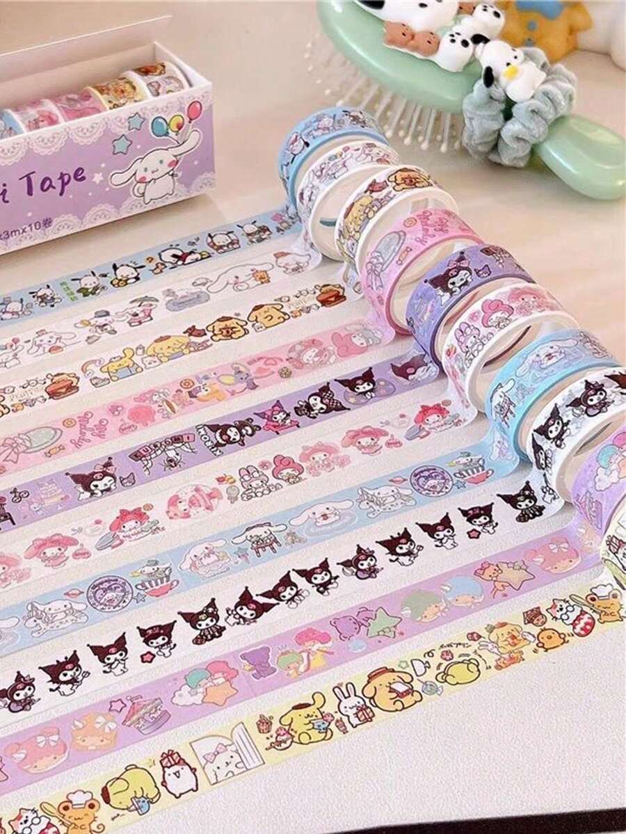 Sanrio 10Rolls/Box HelloKittys Stickers Cartoon My Melody Kuromi Cinnamoroll Handbook Kawaii Pompompurin Pochacco Hand Account DIY Sticker Back To School School Supplies(Some Parts May Be Random) - Multicolor - View 1