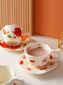 ins风手绘花卉咖啡杯碟套装，少女樱花牡丹陶瓷杯，优雅下午茶餐具，家用早餐杯