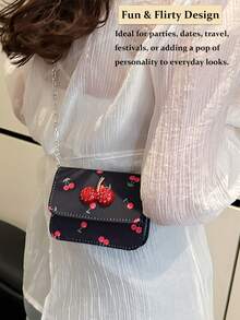 Cute Cherry Print Mini Square Bag, Cute Sweet Mini Lipstick Bag Chain Crossbody,Headphone Bag,Cute Flap-Over Crossbody Purse With Detachable Metal Chain Strap, Small Shoulder Bag For Travel, Parties & Daily Outings, Fits Keys, Lipstick & Coins In Black, Pink, White & Blue[US Local Warehouse]The Best Gift Choice, Birthday Gift, Christmas Gift - 彩色 - 查看 8