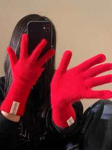 1pc Warm Touchscreen Knitted Fingerless Gloves For Women, Solid Color, Thickened, Long Cuff, Autumn/Winter - Multicolor - View 5