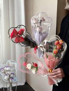 10 Pcs Transparent Bouquet Packaging Bags, Flower Packaging Bags, English Pattern Packaging Bags, Thickened Waterproof Packaging Bags, Holiday Gift Packaging Bags, Suitable For Thanksgiving, Christmas, Valentine's Day Bouquet Packaging Bags, Flower Gift Packaging Bags, Various Flower Packaging Bags, Wedding, Birthday, Party Packaging Bags. - Multicolor - View 1