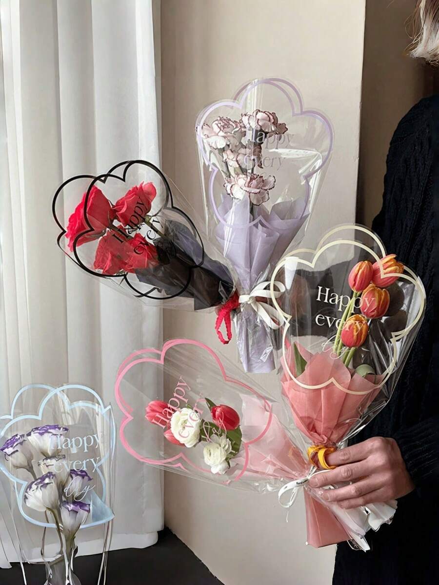 10 Pcs Transparent Bouquet Packaging Bags, Flower Packaging Bags, English Pattern Packaging Bags, Thickened Waterproof Packaging Bags, Holiday Gift Packaging Bags, Suitable For Thanksgiving, Christmas, Valentine's Day Bouquet Packaging Bags, Flower Gift Packaging Bags, Various Flower Packaging Bags, Wedding, Birthday, Party Packaging Bags. - Multicolor - View 1