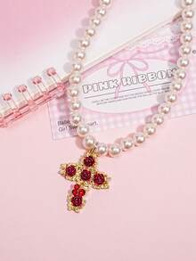 1pc Luxury Red Rose Necklace, Romantic Rose Pendant With Gift Box, Faux Pearl Necklace, Adjustable, Suitable For Women, Valentine's Day Gift, Party Gift, Holiday Gift, Gift For Girlfriend - Style 1 - View 7