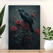 1pc 2D Flat Gothic Crow On Roses Canvas Art - Wood Framed Wall Decor, Dark Moody Raven & Red Blooms Print For Home, Office, Or Holiday Gift (Halloween, Christmas, Mother's Day), Gothic Home Decor Ready To Hang - White - View 4