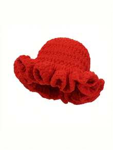 1pc Bohemian Rose Red Pleated Solid Color Knit Hat, Black Brimmed Hat, Bohemian Style, Casual Cute Elegant Retro Street Style Hollow Knit Fisherman Hat, Autumn/Winter Knit Fisherman Hat, Suitable For Valentine's Day, Christmas, Holiday Gifts