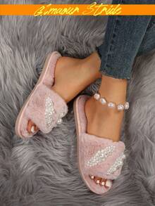 舒适保暖卧室拖鞋，时尚家居拖鞋，秋冬季女士优雅仿珍珠拖鞋，超大珍珠拖鞋，毛绒室内家居平底拖鞋，简约时尚，防滑，四季皆宜，黑色奢华拖鞋 - 粉色 - 查看 8