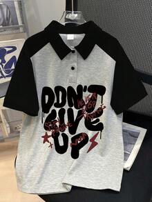 Boys' Casual Slogan Print Polo Collar T-Shirt, Pullover, Summer New Arrival, Suitable For Summer Wear - Grey - View 1