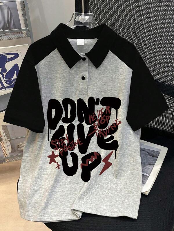 Boys' Casual Slogan Print Polo Collar T-Shirt, Pullover, Summer New Arrival, Suitable For Summer Wear