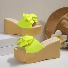 Women's Bow Decor Thick Sole Wedge Slippers, Lightweight Open Toe Sandals For Beach, Casual & Outdoor Activities - Green - View 5