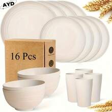 32/16pcs Wheat Straw Dinnerware Sets, Plates And Bowls Sets For 8, Black Plastic Dinnerware Sets, Microwave Dishwasher Plates, Dishes Set For 8 For Valentine'S Day, Durable Party Tableware Kit For Gifts  Brand: AYD - 白色 - 查看 12