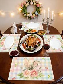 1pc/2pcs/4pcs Colorful Easter Bunny & Floral Checkered Print Placemat, Charming Cottage-Style Polyester Rectangle Table Mat With Bright Flower Ornaments & Bunny Ear Design – Easy-Clean Non-Slip Table Pad For Easter Festivities, Adult Birthday Dinners, Spring Outdoor Meals & Daily Home Use, Great Gift For Friends - Multicolor - View 13