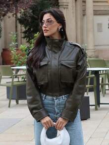 秋冬女式PU皮革翻领短款橄榄绿夹克仿皮拉链外套 - 橄欖綠 - 查看 2