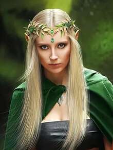 1pc Plastic Nature-Inspired Green Leaf & Gem Headband, Adjustable Elf Headpiece, Cosplay Forest Flower Crown Hair Accessory, Bride To Be, Tiara - Gold - View 2