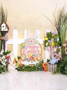 复活节兔子装饰牌，现代春季花卉兔子和彩蛋设计，农舍风格迎宾门挂装饰，无需用电，适合复活节和春季庆祝活动期间的家居装饰，复活节门廊装饰 - 彩色 - 查看 3