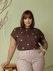 Women's Plus Size Heart Print Blouse In Knit Fabric - 鏽棕色 - 查看 1